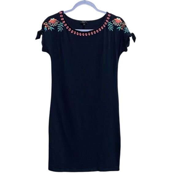 Talbots Petite Navy Embroidered Shift Dress – Size P, Boho Floral & Tie Sleeve - Picture 1 of 11